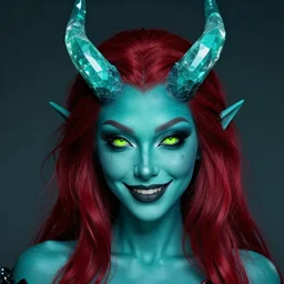 rococo style portrait of a demon girl with deep teal skin, straight aquamarine crystal horns, shiny dark red hair, eyes shifty lime green and a playful smile, highly detailed masterpiece, artstation trending, 8 k