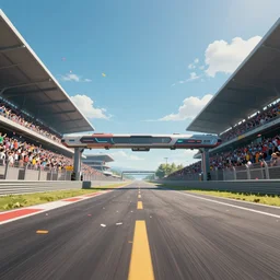 low angle wide shot worms eye view of a realistic futuristic racetrack finish line with confetti on a sunny day with a clear blue sky, cyberpunk, profile shot, digital painting, good value control, crowded stands, three point perspective, rule of thirds, golden ratio, horizon line focus, sharp focus, fourze, realistic textures, 8 k