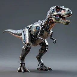 an illustration of the full body of a cyberpunk robotic t-rex, we can see 2 legs and 2 extended arms, photorealistic, bokeh, 3D, unreal engine