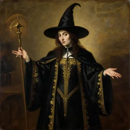 a painting by donato giancola representing a witch dressed in black clothes embroidered with gold.