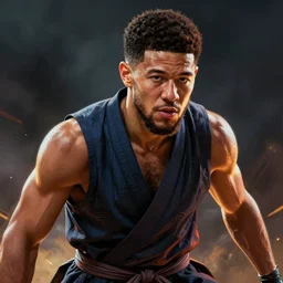 face portrait of devin booker as a muscular ronin samurai, wearing a haori, by wlop and peter mohrbacher, dramatic action pose, extremely detailed shading, concept art, digital painting, trending on artstation, unreal engine 5, octane render, atmosphere, glow, cinematic lighting, full of color
