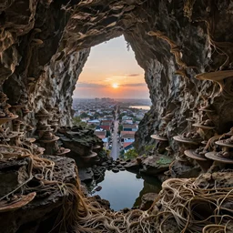 expansive caves with growing fungal biodiversity , pools of water reflecting , small city streets emerge in between the rock formations, dramatic dusk sun illuminates areas , volumetric light ,detailed entangled fibres carpet the fallen rocks ,full colour , upscale , 8k