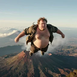 A fat man flying over a volcano, photorealistic, cinematic shot