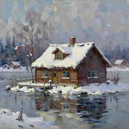 an impasto oil painting of a lakehouse in the winter painted by caspar david friedrich, high detail,