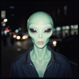 analog medium format film blurry street night flash photography close up strange alien portrait in new york, 1 9 6 0 s hasselblad film street photography, featured on unsplash, vintage expired colour film photograph