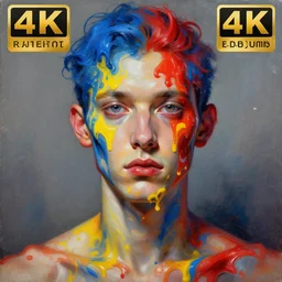 very detailed masterpiece androgynous man portrait painting of Stable Diffusion!!, 4k resolution, J.C. leyendecker!! Valentina Remenar!! Digital art, paint tool sai!! Blue, red, yellow, melting colors!! Perfect face!! Correct body proportions!! Semi realism!! COHERENT HANDS!! COHERENCY!!