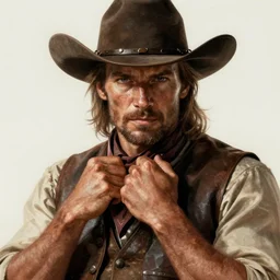 portrait of Arthur Morgan, cowboy, hands, muscular, upper body, D&D, fantasy, wild west, old west, intricate, elegant, highly detailed, digital painting, artstation, concept art, smooth, sharp focus, illustration, art by Artgerm and Greg Rutkowski and Alphonse Mucha