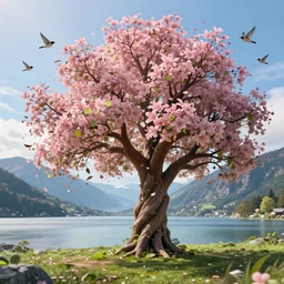 a beautiful awesome artistic tree with falling flowers like leaves and many birds, all in the amazing outdoors view, mountain in the background, lake, long exposure, 8 k resolution, trending on artstation
