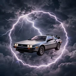 Delorean in sky circumscribed by a circle made of lightning in storm clouds, 300mm dramatic photo