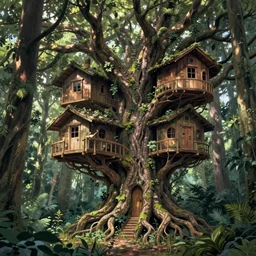 concept art painting of treehouses made out of trees and roots, trees with doors and windows in a deep forest, realistic, detailed, cel shaded, in the style of makoto shinkai and greg rutkowski and james gurney