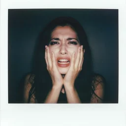portrait of woman. photo, surreal, harsh lighting. polaroid type 6 0 0. supernatural. horror. agonizing pain