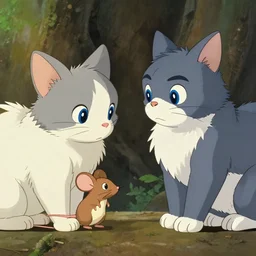 a gray and white cat and a brown and white mouse are on top of each others feet with blue eyes by miyazaki, nausicaa ghibli, breath of the wild