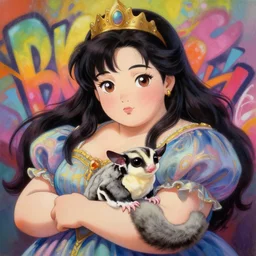 beautiful anime painting of fat asian princess and her fat fluffy sugar glider chilling, by gaston bussiere, j. c. leyendecker, craig mullins. trending on artstation, 8 k, masterpiece, graffiti paint, fine detail, full of color, intricate detail, golden ratio illustration, face enhance, sugar glider