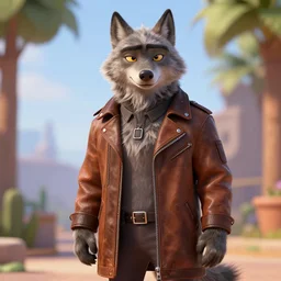 far shot, 3d render , anthropomorphic wolf male , wearing along brown leather jacket , in the style of Zootopia