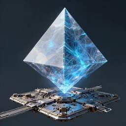 concept art of levetating see through pyramid with fractal surface above a highly detailed mechanical landing pad, by beeple, artstation, CG society, blue skies