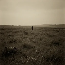 old photo of a creepy landscape, mysterious figure in the distance