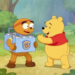 Wojak with a six-pack, fighting Winnie the Pooh