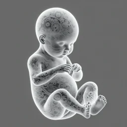 symmetry! human fetus, intricate, filigree!, frosted, elegant, highly detailed, concept art, smooth, sharp focus, lineart, illustration, 3 d occlusion, penned with black on white on gray, 8 k