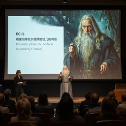 gandalf giving a powerpoint lecture. a 2 4. artgerm. high detail scene. beksinski. epic ultrarealism. dramatic lighting. oil on canvas. cinematic wide angle lens