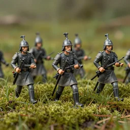 Detailed Extreme Close-Up Of Toy Soldiers In Moss And Grass by Greg Rutkowski, masterpiece by Edgar Maxence and Ross Tran and Michael Whelan, gustav dore, 8k, octane render