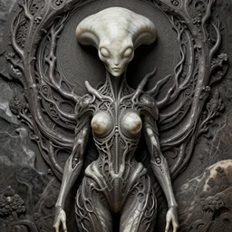happy female alien, tubular creature, blood vesels, no face, dystopian surrealism, alex ries zdzisław beksinski, symmetry accurate features, very intricate details, hres, naraka buddhist demon korean female, symmetrical long head, smooth marble surfaces, detailed ink illustration, metal gear, cinematic smooth stone, deep aesthetic, concept art, post process, carved marble texture silk cloth, latex skin, highly ornate intricate details, in the style of 8 8 grzes