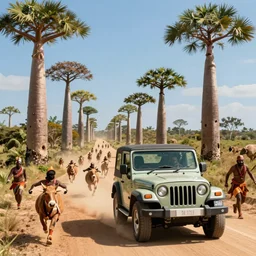 mahindra thar driving through madagascar road with baobabs trees, animals running along, tribe members attacking, action scene, an epic fantasy, wide shot, trending on artstation, masterpiece, by greg rutkowski, by ross tran, by fenghua zhong, octane, soft render, ultrarealistic, colorful, cinematic, horizon forbidden west