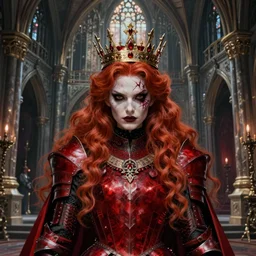 redhead queen knight in red armor, inside an epic gothic castle, baroque, large crown, face with scars, intimidating, ominous, high fantasy, intricate detail, digital painting, artstation, concept art, smooth, sharp focus, illustration, art by yoshitaka amano and monia merlo and wlop