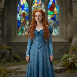 hd landscape of lord of the rings, a beautiful red hair girl, blue dress, detailed, colourful glass in background _ h 7 0 4
