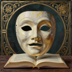 Floating thespian mask, bodyless, alone, book, art nouveau, Detailed Digital Art, Oil Paining, Exquisite detail, post-processing, masterpiece, Cinematic Lighting, Unreal Engine, 8k, HD, Stanley Artgerm Lau, WLOP, Rossdraws, Frank Frazetta, Andrei Riabovitchev, Marc Simonetti, trending on artstation