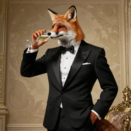 fox in a tuxedo drinking champagne, wide angle, highly detailed by boris vallejo, elegant, intrincate