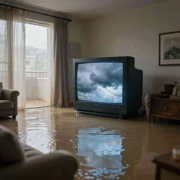 photo of a flooded apartment interior, crt tv with storm clouds on the screen, couch, uncannily realistic