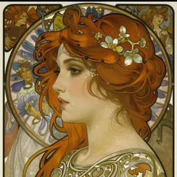 realistic detailed face profile portrait of Mia Kirschner by Alphonse Mucha, Ayami Kojima, Amano, Charlie Bowater, Karol Bak, Greg Hildebrandt, Jean Delville, and Mark Brooks, Art Nouveau, Neo-Gothic, gothic, rich deep moody colors
