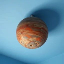 planet ceiling mobile hanging from a blue room as seen from a low perspective