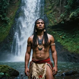 a self portrait by jimmy nelson wearing tribal clothes, standing in front of a waterfall, deep in the rainforest, professional light, photo by jimmy nelson, 8 k, photorealistic imagery, trending on artstation, artstationhq, artstationhd