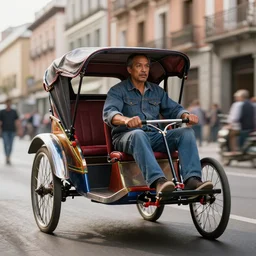 a sharp detailed rickshaw driving through madrid, an epic fantasy, wide shot, ultra realistic, detailed, ( ( ( depth of field ) ) ), crisp details, sharp details, photorealism, colorful, cinematic, trending on artstation, masterpiece, by greg rutkowski, studio ghibli, by ross tran, by fenghua zhong, octane, soft render