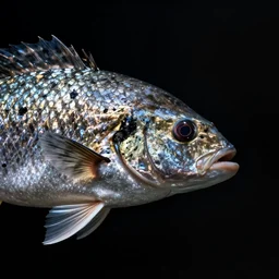 fish side profile, black background, hyper - realistic