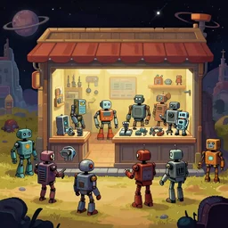 in front of a store selling robots and robot parts, some robots on display outside, in a remote outpost, on an alien planet, from a space themed point and click 2 d graphic adventure game, set design inspired slightly by ( tomb raider ), art inspired by ( thomas kinkade ) and [ mark keathley ]
