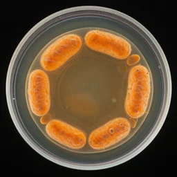 microscopic petri dish photo of a transparent sectioned orange circular bacteria, microscopic photo, orange, dark black background, fluids inside