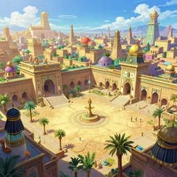 A wide open courtyard in an epic, colorful ancient Egyptian city, anime, a fantasy digital painting by Greg Rutkowski and James Gurney, trending on Artstation, highly detailed
