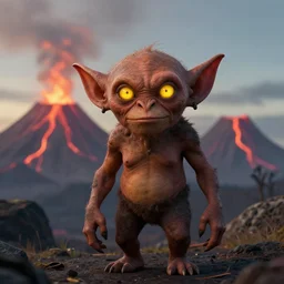“a goblin with brown skin and glowing yellow eyes with a volcano in the background”
