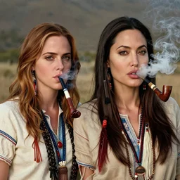 photo of two native american indian woman's : emma watson and angelina jolie smoking a pipe of peace, portrait, skilled warrior of the apache, ancient, realistic, detailed