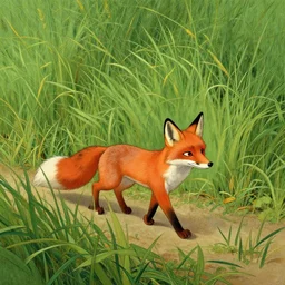 wide shot of an anthropomorphic fox walking along a path surrounded by long grass, illustration by , greg rutkowski, thomas kinkade, Howard Pyle, disney, El Greco, Cynthia Sheppard