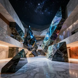 modern architectural hall with a sense of science and technology, with starlight on the top, by stuart lippincott and jean nouvel, coloured, obsidian, geometry, octane render, ray tracing, realistic, diorama, ultra wide angle, ray tracing, volumetric lighting, dynamic lighting, dramatic lighting, high contrast, concept art, marble, surrealism, stark, trending on artstation