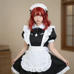 red haired female dressed in a French maid outfit