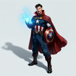 сaptain america wearing doctor strange costume, long shadow, light colors, blue magic, red star, american flag, by greg rutkowski, multiple dimensions, shattered glass, refractions, highly detailed, environmental light, cinematic by francis tnehunreal, octane render, nvidia, concept art, close up