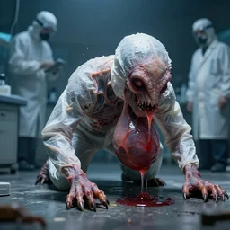 a wet skin creature in laboratory protective clothing under stage light, crawling humanoid monsters, saliva, membrane pregnancy sac, respiratory flap, super realism, claws, octane rendering, cinematic. white, grey blue and golden red color scheme. medium shot, 2 4 mm, lens dust, labcoats, david fincher, james wan, gritty, moody, eerie, dark arts