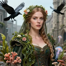 hyperrealistic detailed portrait of a woman in a medieval city, with crows, flowers, corals, sea kelp, sea plants, vines, jellyfish, fungi, scales, golden filigree, art by ernst haeckel, john william godward, hammershøi, alphons mucha, pontormo, ornamental, decorative, art nouveau pattern, deep pastel colors