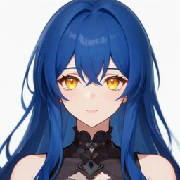 attractive long blue - haired girl with bangs gothic anime character with amber eyes, screenshot, anime, sharp focus, intricate, illustration, cell shaded, digital painting, highly detailed, concept art, matte, art by ilya kuvshinov and kyoto animation and wlop, and greg rutkowski, studio quality, james jean