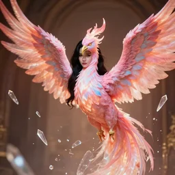 a photo a black haired woman with pink and blue flaming phoenix wings, swarm of transparent glass shards, d & d, fantasy, face enhance, cinematic lighting, highly detailed, artstation, concept art, smooth, sharp focus, illustration, warm light, cozy warm tint, magic the gathering artwork, volumetric lighting, art by akihiko yoshida, greg rutkowski