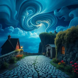 curved smoke perspective digital art of curly clouds cobblestone street with wildflowers to a cliff in top of a deep blue see by anton fadeev from nightmare before christmas